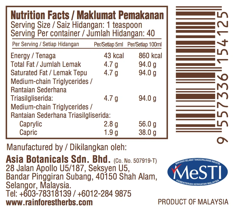 [Rainforest] Coconut MCT Oil 500ml MD Keto Home & Garden Malaysia